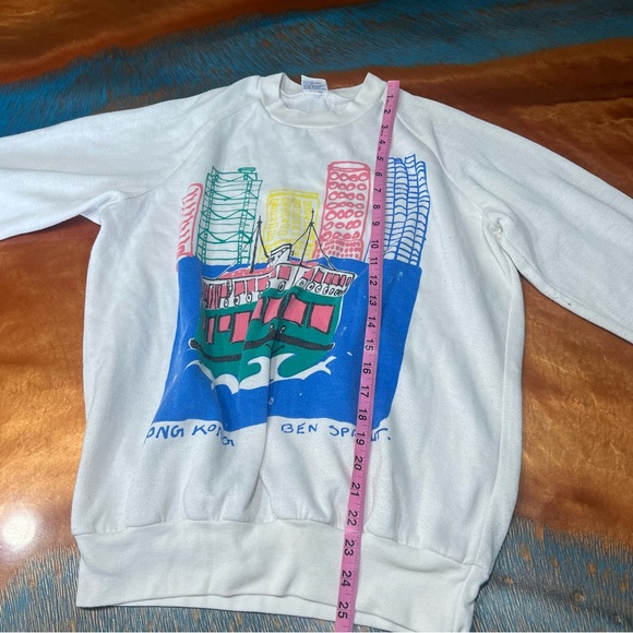 Vintage Ben Sprout Hong Kong CityScape Water Ferry Travel Sweatshirt white blue - Picture 13 of 13